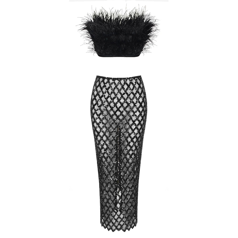 Bely Feather Bandage Top&Sequins Long Skirt