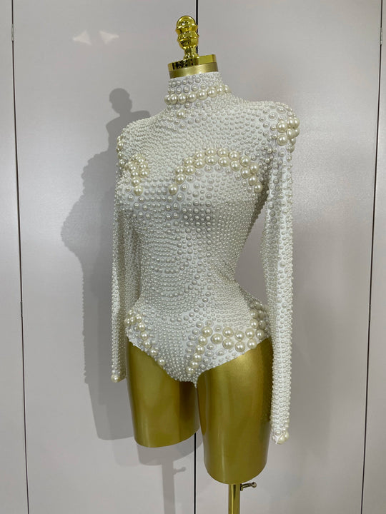 Clous Luxury White Full Pearl Long Sleeved Stretch Bodysuit