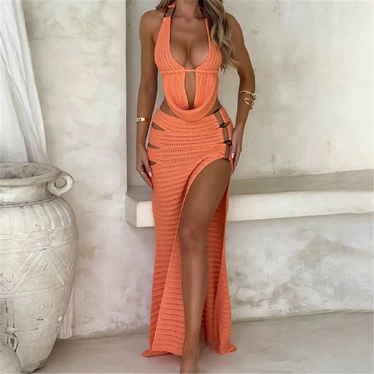 Exa Halter V Neck Backless Knitted