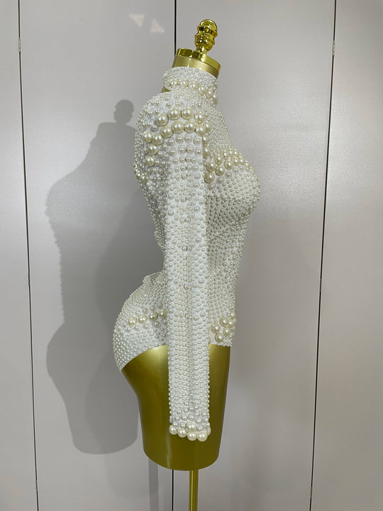 Clous Luxury White Full Pearl Long Sleeved Stretch Bodysuit