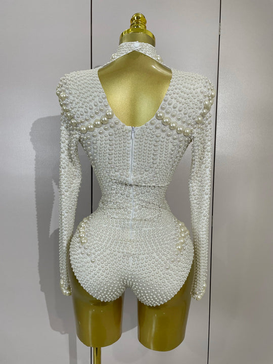 Clous Luxury White Full Pearl Long Sleeved Stretch Bodysuit