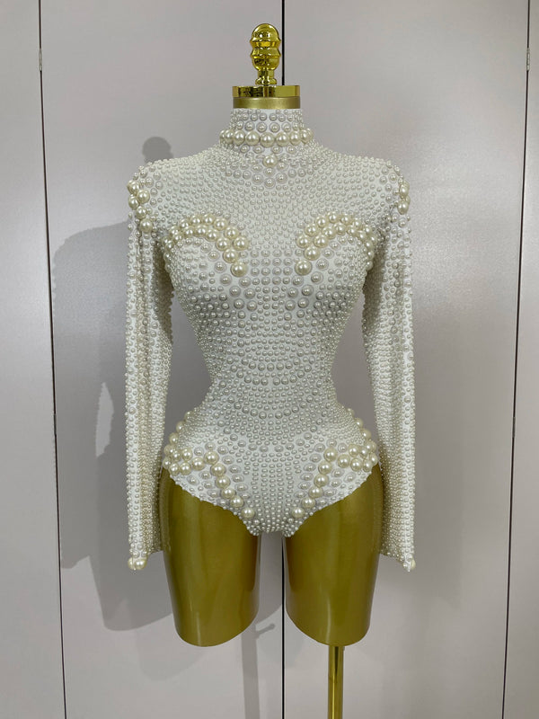 Clous Luxury White Full Pearl Long Sleeved Stretch Bodysuit