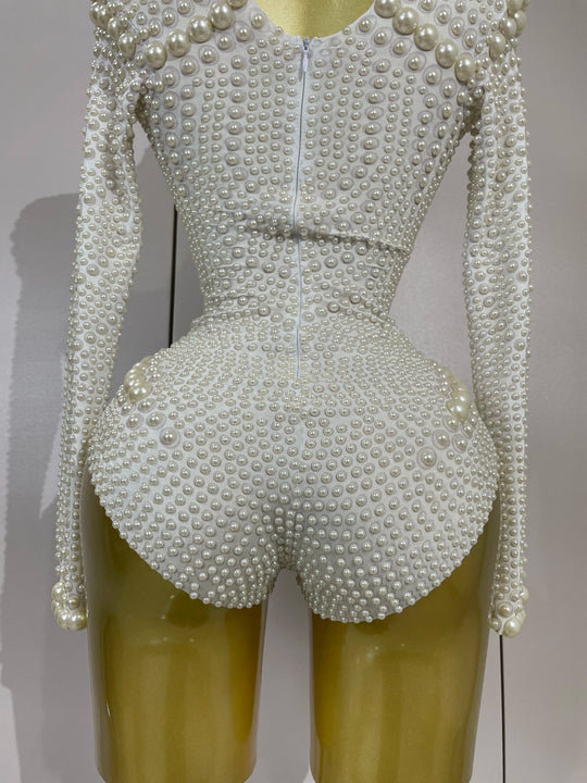 Clous Luxury White Full Pearl Long Sleeved Stretch Bodysuit