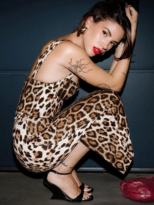 Paris Leopard Slip Sleeveless Tight Midi Dress Party