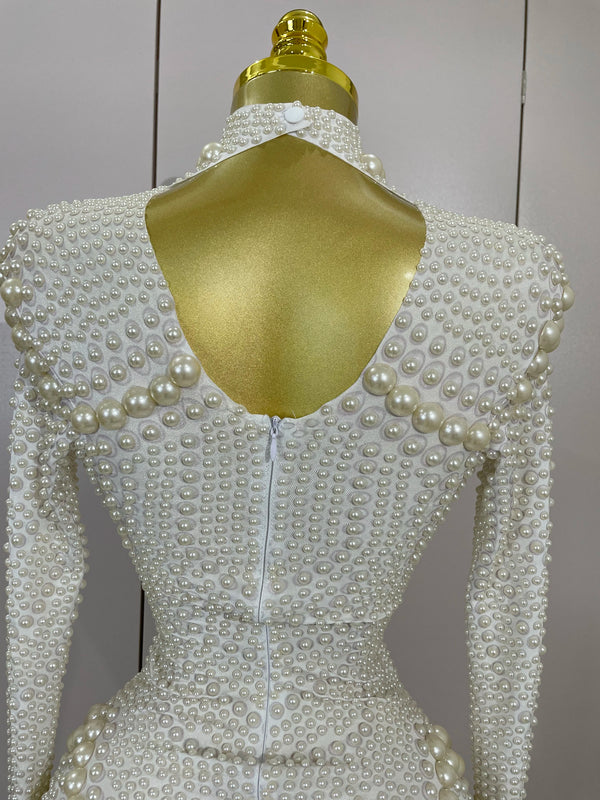 Clous Luxury White Full Pearl Long Sleeved Stretch Bodysuit