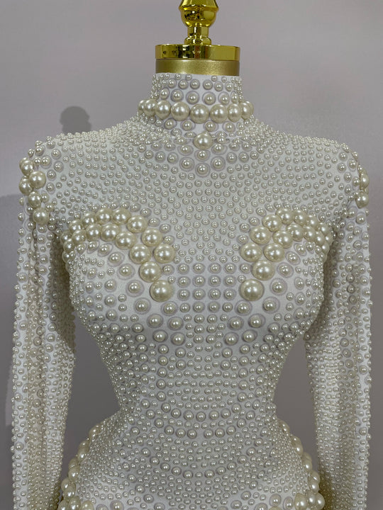 Clous Luxury White Full Pearl Long Sleeved Stretch Bodysuit