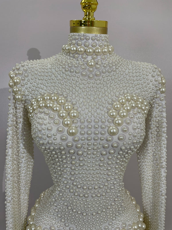 Clous Luxury White Full Pearl Long Sleeved Stretch Bodysuit