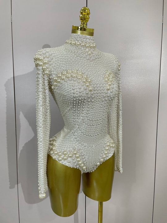 Clous Luxury White Full Pearl Long Sleeved Stretch Bodysuit