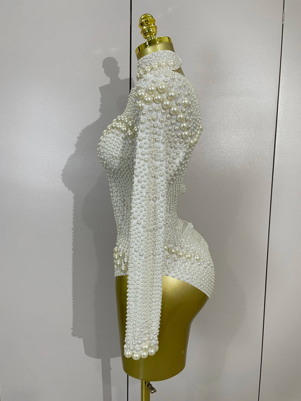 Clous Luxury White Full Pearl Long Sleeved Stretch Bodysuit