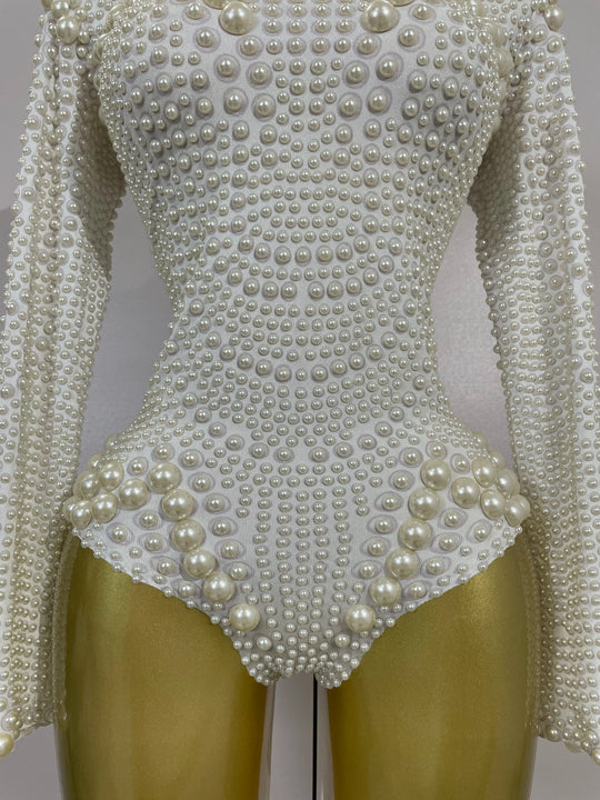 Clous Luxury White Full Pearl Long Sleeved Stretch Bodysuit