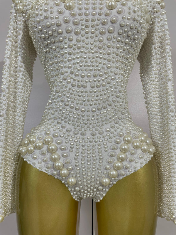 Clous Luxury White Full Pearl Long Sleeved Stretch Bodysuit