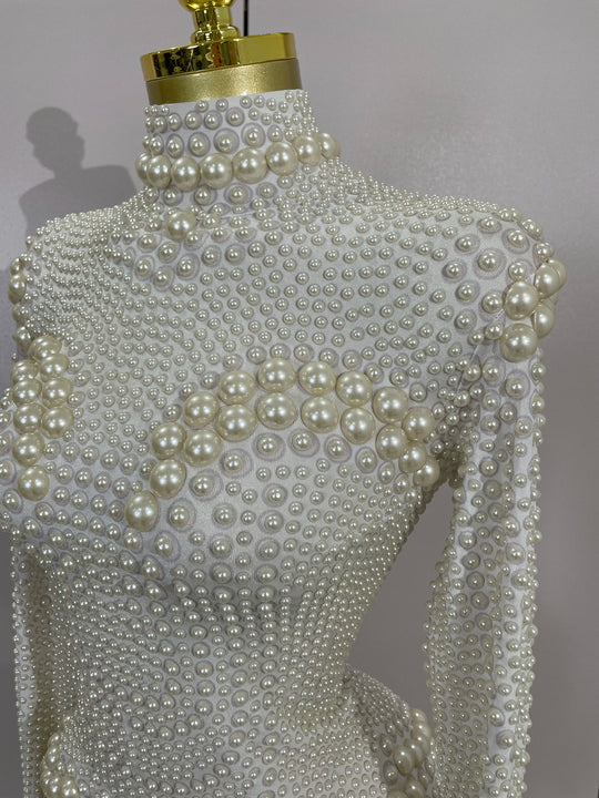 Clous Luxury White Full Pearl Long Sleeved Stretch Bodysuit