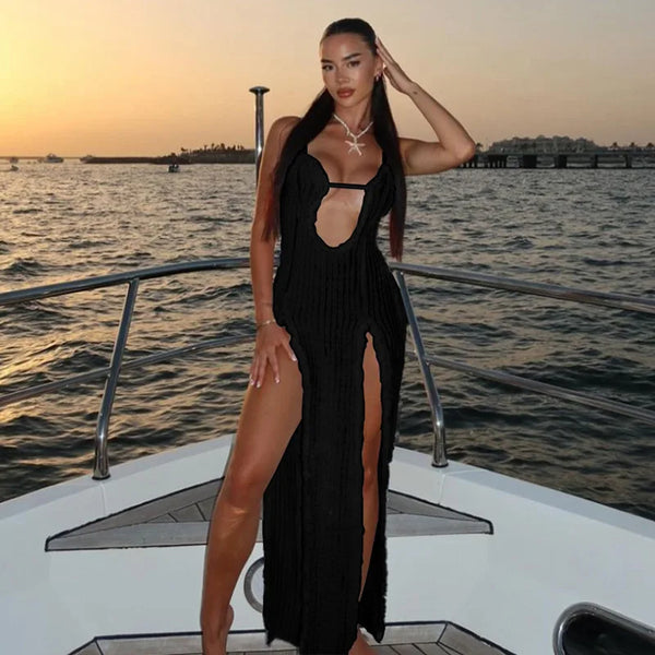 Xlyia Halter Hollo Out High Slit maxi Dress