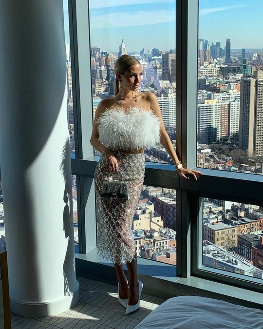Bely Feather Bandage Top&Sequins Long Skirt